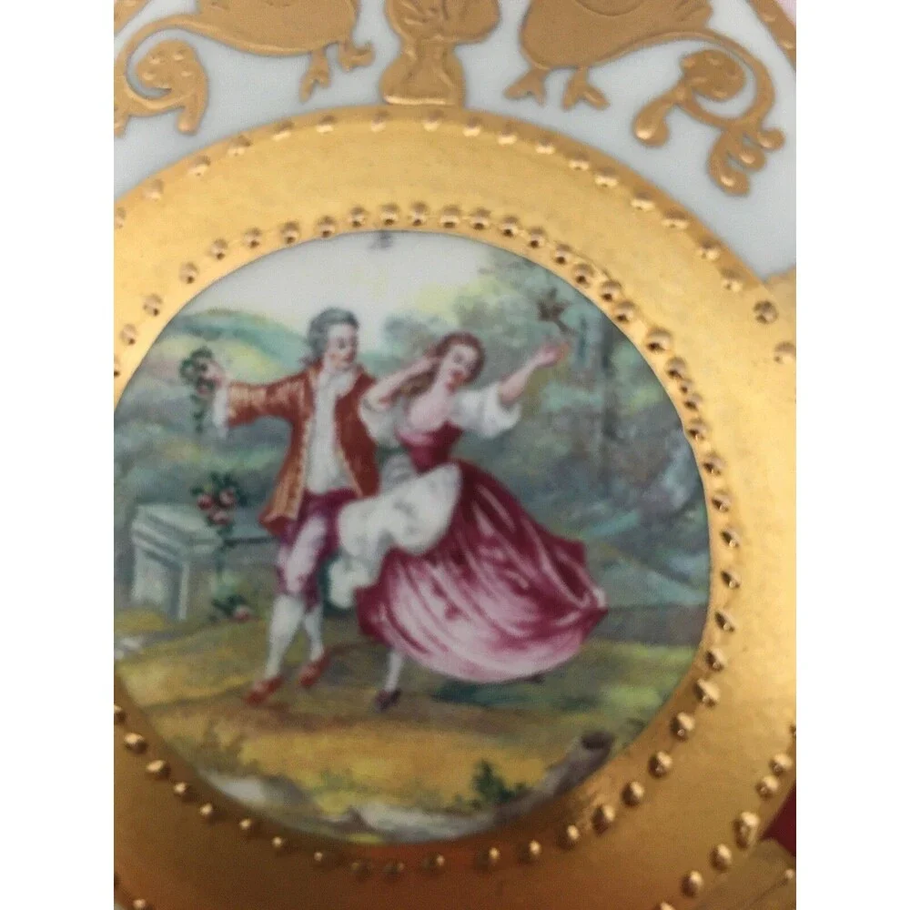 Vintage Fine Porcelain Gold Multi Color Victorian Couple Round Trinket Box 4.5